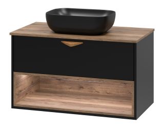 Подвесная тумба под раковину Brevita Bergen BER-07090-19-02-1Я с подсветкой 90см дуб Галифакс олово/чёрный